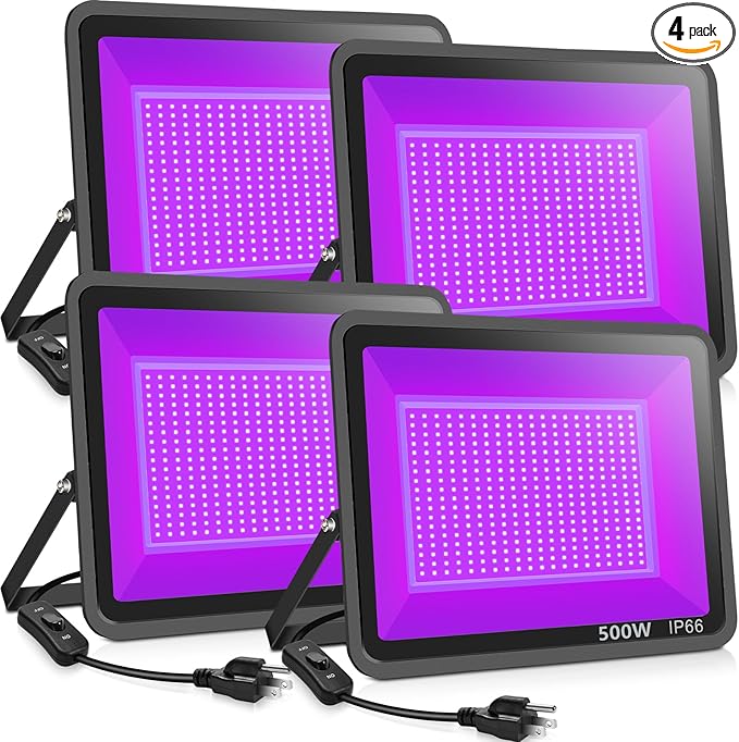 XYCN 4 Pack 500W LED Flood Black Lights,395nm to 405nm UV Outdoor Flood High Power Blacklight Light with Plug in, IP66 Waterproof Large Black Light Spotlight for Glow Party Large Space, Halloween