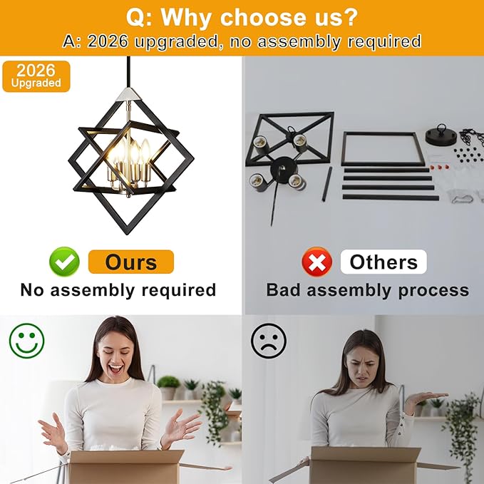 18" Modern Chandelier for Dining Room, No Assembly Required 4-Light Dining Room Light Fixture Over Table, Industrial Hanging Pendant Lights for Kitchen Island, Entryway, Foyer (Black+Brushed Nickel)
