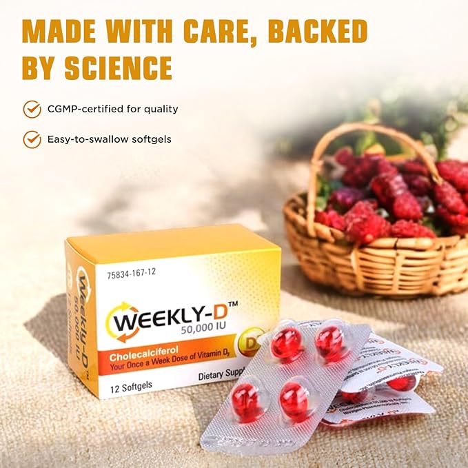Nivagen Weekly-D Vitamin D3 50,000 IU (Cholecalciferol) | Once-Weekly High Potency Softgels | 12 Softgels | Supports Bone, Muscle & Immune Health | Easy to Swallow | Non-GMO, Gluten Free | Made in USA