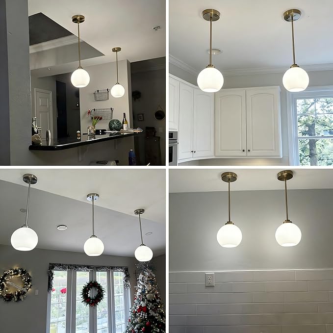 2 Pack 22"-50" Height Adjustable Glass Pendant Lights Kitchen Island, Globe Brushed Nickel Pendant Lights with Milk Glass Shade, Mid Century Pendant Light Fixtures Kitchen Pendant Lighting over Island