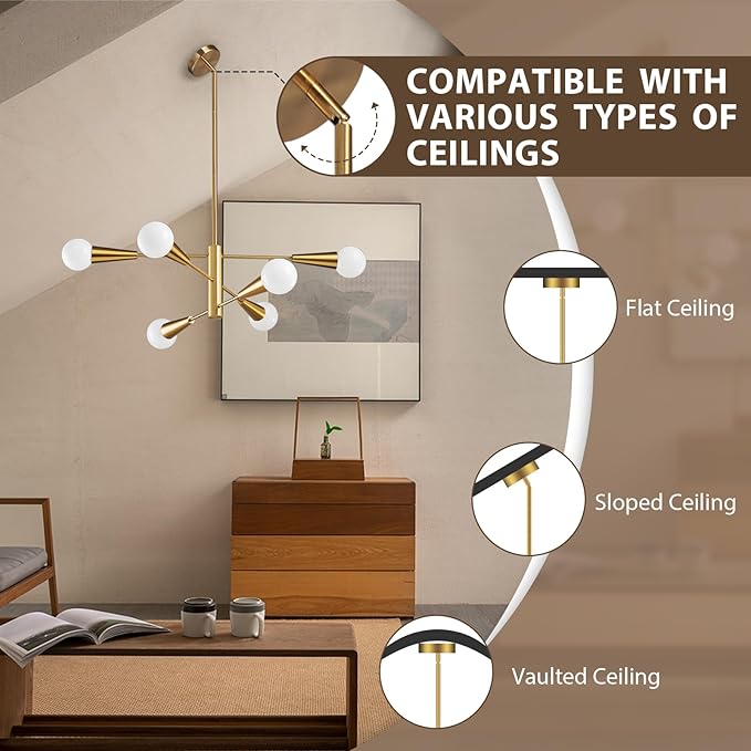 KAISITE Sputnik Chandelier Modern Gold Chandelier 6-Light E26 Mid Century Ceiling Light Fixture Height Adjustable Hanging Pendant Lighting for Dining Room Kitchen Island Bedroom Office