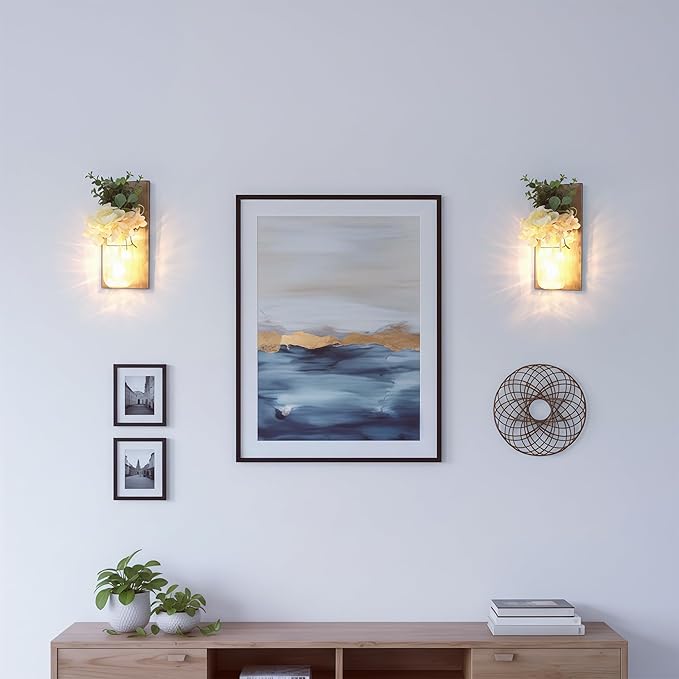 Farmhouse Wall Decor for Living Room Rustic Mason Jar Wall Sconces Set of 2 for Home Living Room Bedroom Decorations with Rose Bouquet Flowers and Remote LED Fairy Lights (Large Jacobean)