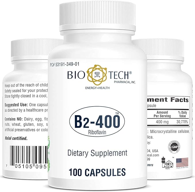 Bio-Tech Pharmacal B2-400, 100 gélules – Supplément entièrement naturel – Favorise la clarté et la productivité – Sans produits laitiers, poisson, gluten, arachides, crustacés, OGM et soja – Sans colorants artificiels