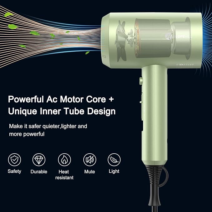 slopehill Professional Ionic Hair Dryer, Lime Cream | 1800W Fast Drying, Low Noise, 2 Concentrator Nozzles, 1 Diffuser Attachment