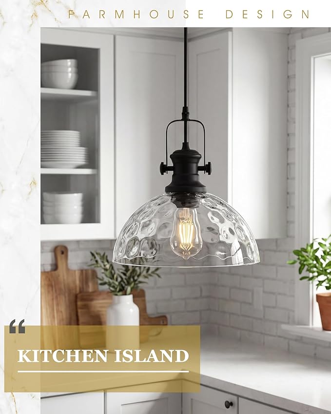 Large Pendant Lights Kitchen Island, 10.5" Farmhouse Black Pendant Lighting with Hammered Glass Shade, Vintage Hanging Light Fixtures for Dining Room Entryway, AD-22151-1PL-BK-H
