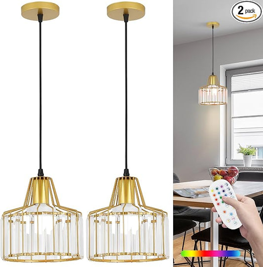 Battery Operated Pendant Lights,Rechargeable Pendant Light with Remote,Gold Pendant Light Fixtures for Kitchen Island,Modern Crystal Hanging Lights for Bedroom,Dining Room Hallway Entryway