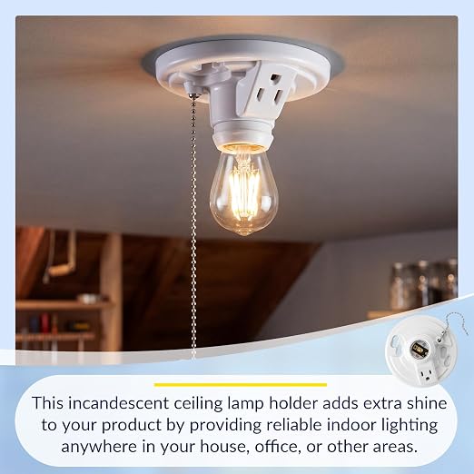 6 Pack Light Socket with Outlet and Pull Chain Light Fixture, Bulb Socket with Grounded Outlet, E27/e26 Base, Box Mount for Indoor Garage Closet Lighting (Phenolic Resin)