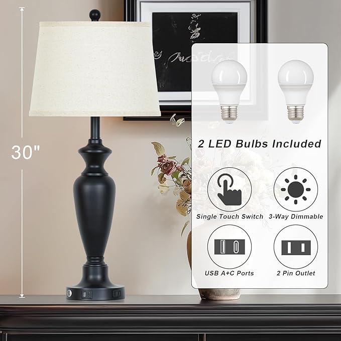Cinyirong 30" Tall Table Lamps Set of 2, Touch Control Bedside Lamp with USB A+C Ports and AC Outlet, 3-Way Dimmable Modern Metal Nightstand Lamp for Bedroom Living Room, 2 LED Bulbs Included, Black