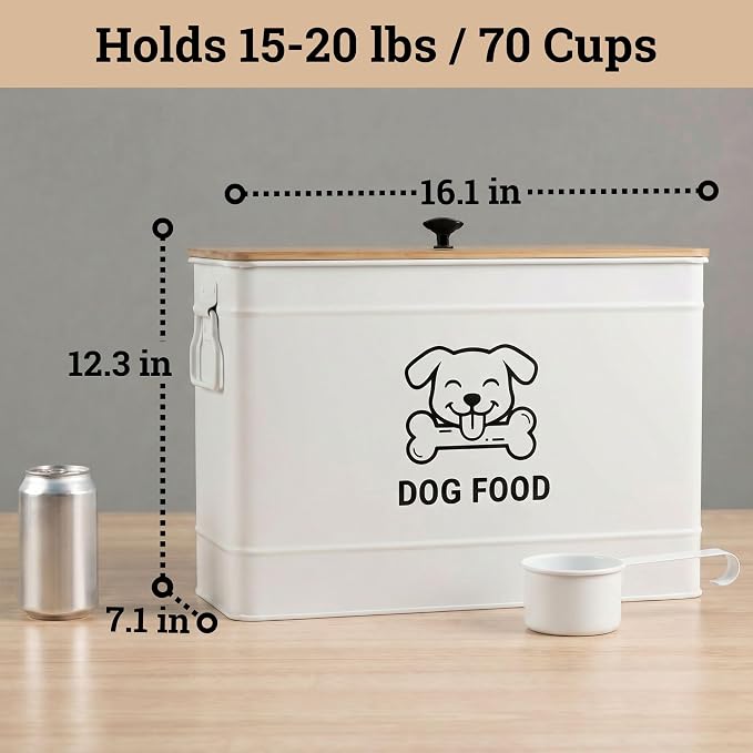 Dog Food Container Airtight 15 lb (50 Cup) Capacity with Metal Scoop - Cute Airtight Dog Food Storage Container with Bamboo Lid - White Metal Kibble Storage Bin for Dogs up to 100 lbs - Big Pet Jar