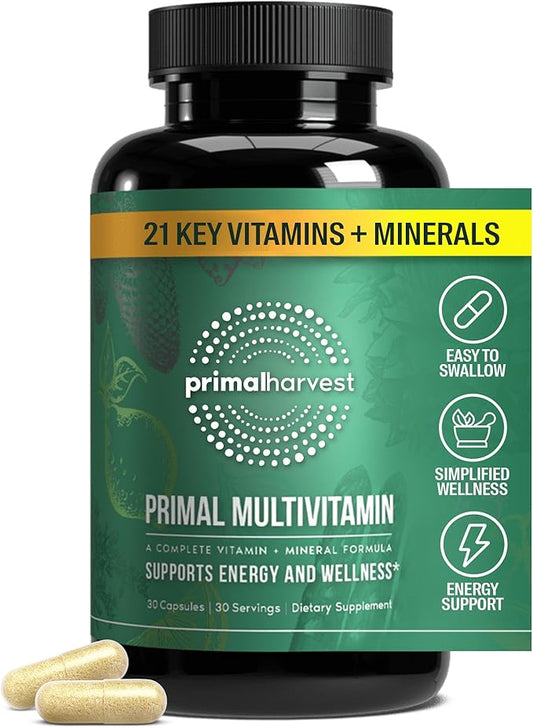 Primal Harvest Primal Multivitamin - Complément Multi-Vitaminique Quotidien avec 21 Vitamines et Minéraux Essentiels pour Femmes et Hommes - Vitamine A, C, D, E, B12, B6, Biotine, Acide Folique, Zinc, Cuivre & Sélénium