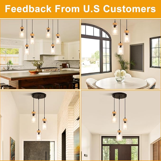 3-Light Pendant Light Fixtures, Black Pendant Lights Kitchen Island, Adjustable Pendant Lighting with Clear Hammered Glass Shade, Modern Hanging Light Fixtures for Dining Room, Hallway, Living Room