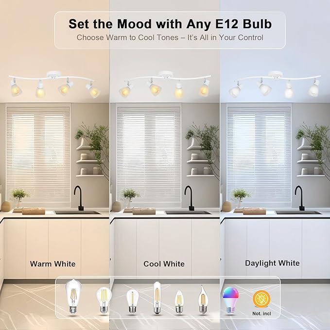 HiBay 4-Light Track Lighting, Modern White Glass Ceiling Light Fixture, Adjustable Flush Mount Track Spotlight for Bathroom, Kitchen, Dining Room, E12 Base, No Bulbs