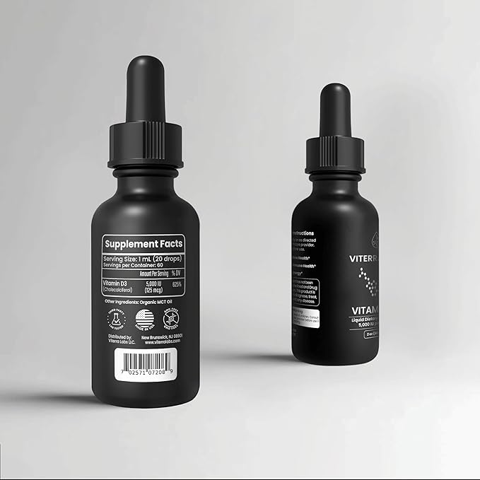 Gouttes de Vitamine D3 Liquide 5000 UI – Haute Absorption pour le Soutien Immunitaire et Osseux – Sans Goût, Sans OGM, Dosage Ajustable – 2 Ingrédients (Vitamine D + Huile de MCT Biologique) – 60 ml (60 Doses)