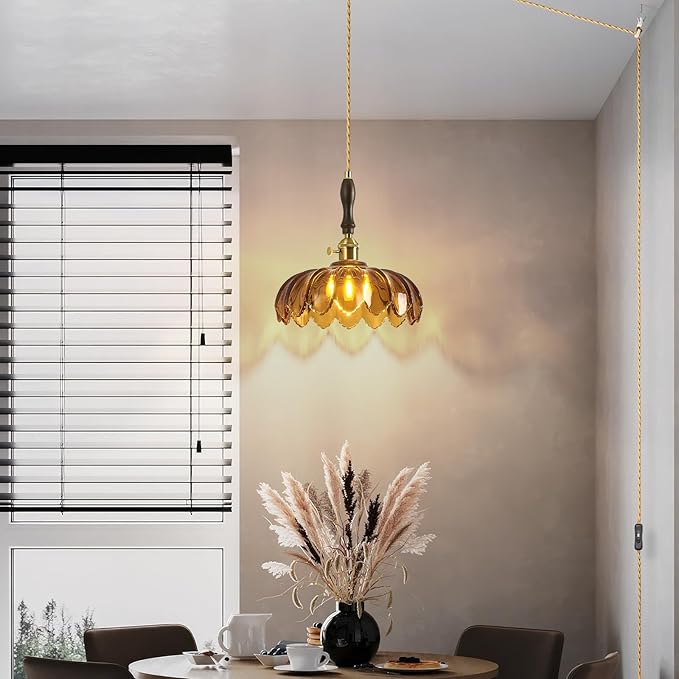 Modern Tawny Plug in Glass Pendant Light Retro Flower Glass Hanging Lamp Gold Brass Decorative Adjustable Ceiling Hanging Light Suitable for Kitchen Island Bedroom Dining Room Living Room