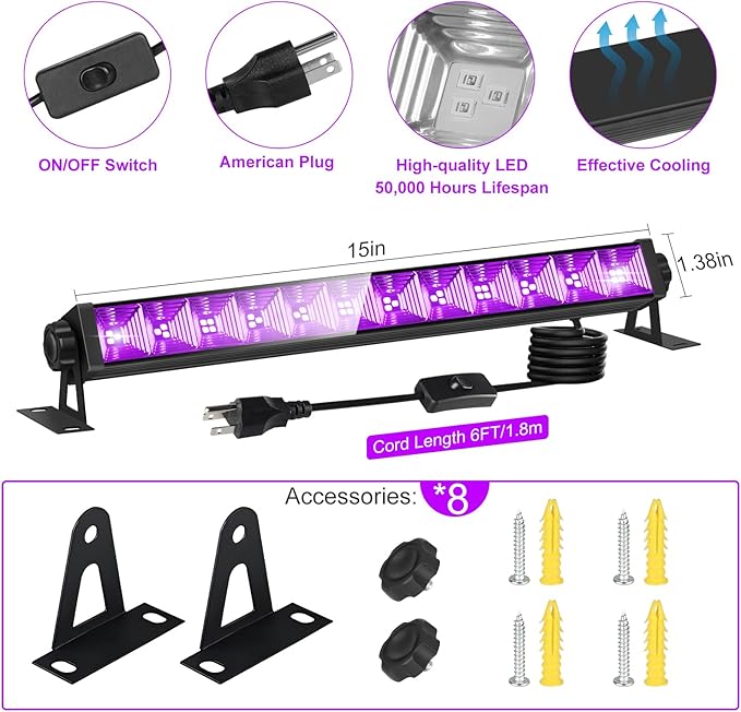 8 Pack 40W LED Black Light Bar, Black Lights Light Up 4000ft² with Switch+Plug+6ft Cord, for Glow Party Supply, Halloween, Bedroom, Body Paint, Fluorescent Party