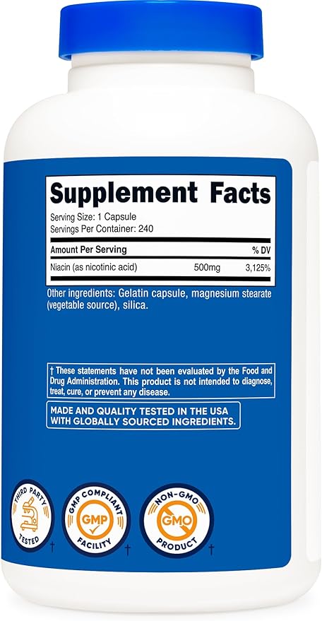 Nutricost Niacine (Vitamine B3) 500mg, 240 Gélules - Avec Effet Flushing, Sans OGM, Sans Gluten