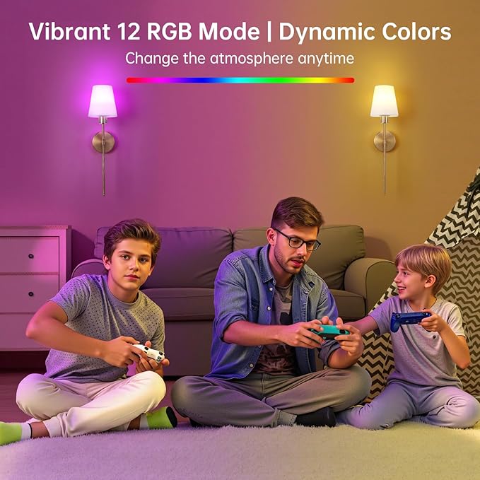 Shenmoyl Fabric Wall Sconce Battery Operated Set of 2, Rechargeable Wall Lights with 5000mAh RGB Dimmable Bulb, 12 Colors Wall Sconces for Bedroom Living Room, Gold