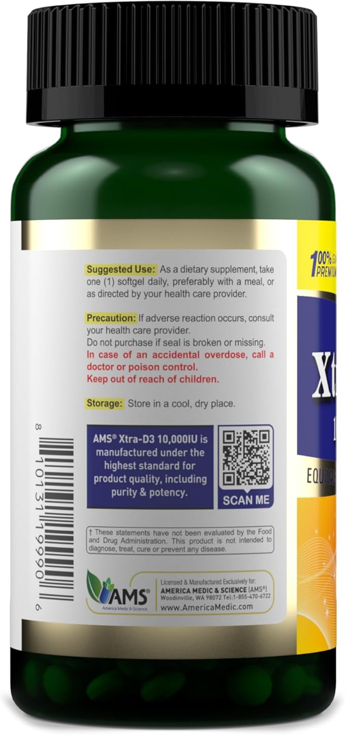 アメリカメディック&サイエンス Xtra D3 ビタミンD 10,000 IU (250 mcg) コレカルシフェロールサプリメント 男女兼用 (60粒 飲みやすいソフトジェル) 骨、心臓の健康、免疫システムサポート、肺機能に最適