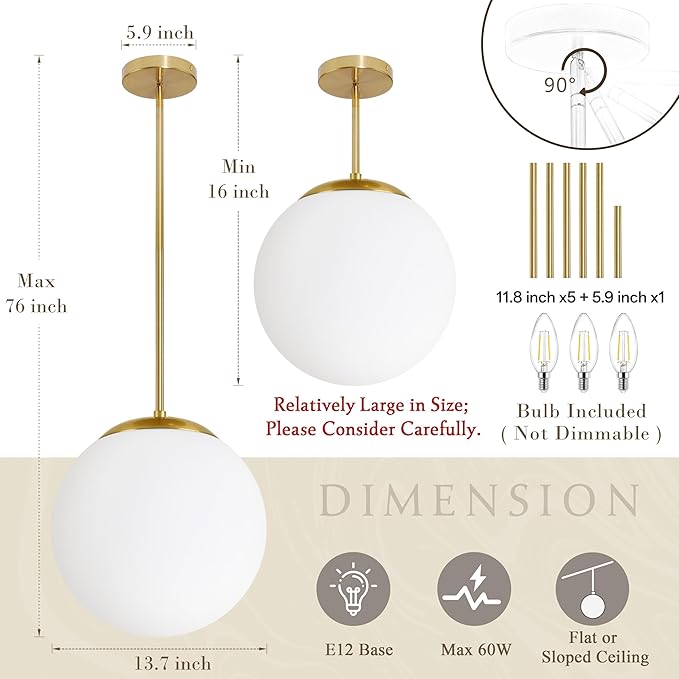 Bagood 14" Globe Pendant Light 3-Light Gold Mid Century Modern Light Fixture Milk Glass Pendant Light Globe Pendant Lights Kitchen Island Brushed Brass Finished with Milk Glass Lampshade for Bedroom