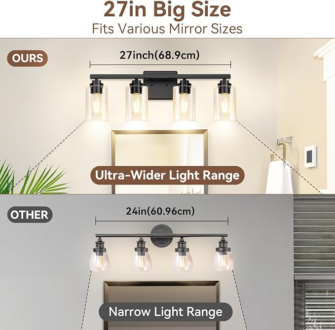 VerRon 4 Lights Bathroom Light Fixtures, Matte Black Modern Vanity Lights Over Mirror with Clear Glass Shades, Bathroom Wall Sconce for Mirror Living Room Cabinet Bedroom Porch