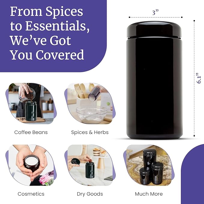 Infinity Jars, 500 ML (17 fl oz) Pack 6, Premium Airtight Ultraviolet Glass Jar Smell Proof, Antistatic, Light Blocking Container for Herbs, Coffee, Tea & Spices Durable, Travel-Friendly Storage