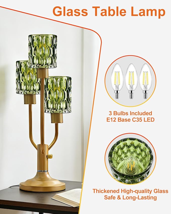 Mid Century Modern Glass Green Table Lamp Dimmable Nightstand Lamp Gold Vintage Desk Lamp 3 Bulbs Included Warmwhite Ambient Bedside Lamps for Living Room Bedroom End Table Office Home Decor