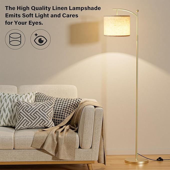 Ambimall 60" Gold Floor Lamp with Remote Control and Stepless Dimmable Bulb, Colors Temperature & Brightness Adjustable, Modern Floor Lamps for Living Room, Beige Shade & Gold Pole
