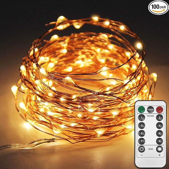 Twinkle Star 33ft 100LED Copper Wire String Lights Fairy String Lights 8 Modes USB Powered with Remote Control for Wedding Party Home Christmas Decoration, Warm White