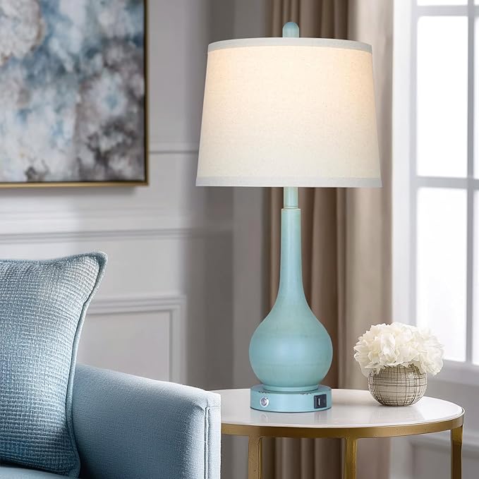 Rinweey 26" Coastal Table Lamps Set of 2, 3-Way Dimmable Touch Control Nightstand Lamps for Bedroom with USB A+C Ports, Modern Farmhouse Bedside Lamp for Living Room, Retro Blue (2 LED Bulbs Included)