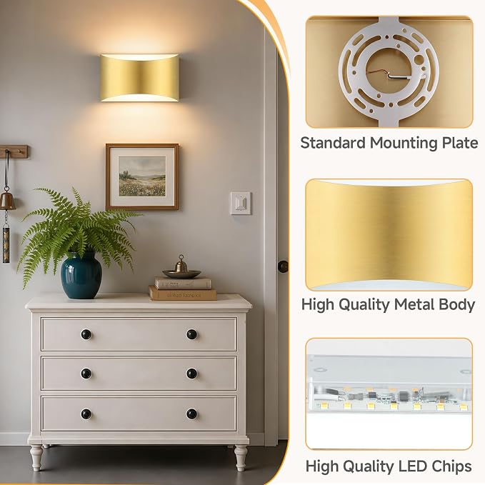 MATAMEYE Modern LED Wall Sconce Set of 2, Gold Indoor Wall Lighting Fixture with 3 Colors Temperatures, 10W Up/Down Hardwired Wall Mount Lamp for Bedroom Living Room Hallway