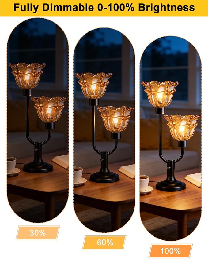 Lightdot Mid Century Modern Flower Table Lamp for Living Room Dimmable Nightstand Lamp Amber Glass Vintage Black Desk Lamp 2 Bulbs Included Warmwhite Ambient Bedside Lamp for Bedroom Home Office Decor