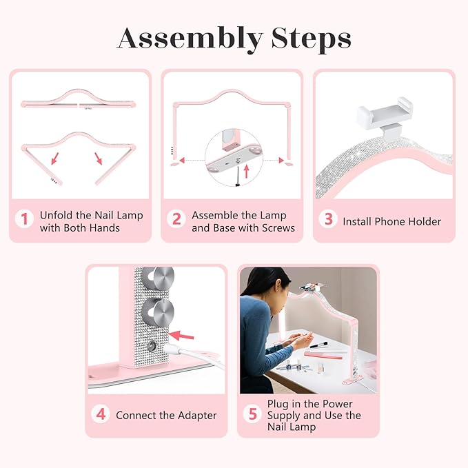 Yokilly Arc Half Moon Light: 34" Shadow-Free Half Moon Light for Desk Salon - Foldable LED Desk Lamp with Stepless Brightness for Manicurist (Pink)