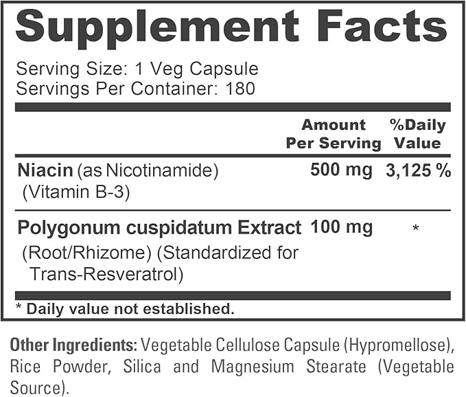 NusaPure Nicotinamide avec Resvératrol (Vitamine B-3) 500 mg - 180 Gélules Végétariennes (Sans OGM et Végane)