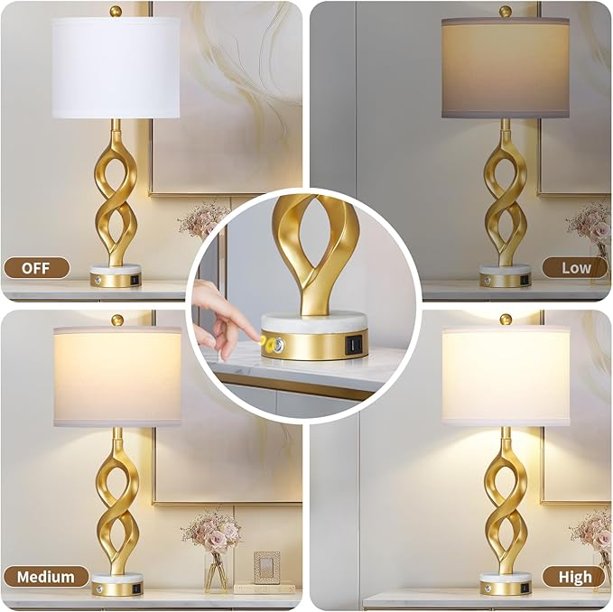 Cinyirong 30" White and Gold Table Lamp for Living Room, Modern Touch Control Bedside Lamp for Bedroom, 3-Way Dimmable Sculptural Resin Nightstand Lamp with USB A+C Ports and 1 LED Bulb (1 Pack)
