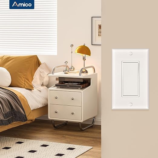 Amico Single Pole Light Switch with Wall Plate, UL Listed, 15A 120/277V, On/Off Rocker Paddle Interrupter Wall Switch, Grounding Screw, Residential Grade, Suitable for Home and Business, White