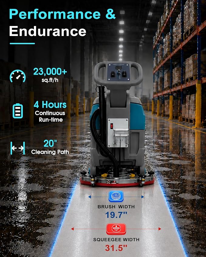 20" Brush Walk Behind Floor Scrubber Machine, 31.5" Squeegee, 12 Gallon Recovery Tank, Cordless Commercial Floor Cleaning Machine with 24V/65Ah Li-ion Battery, 23,140 sq.ft/h Efficiency