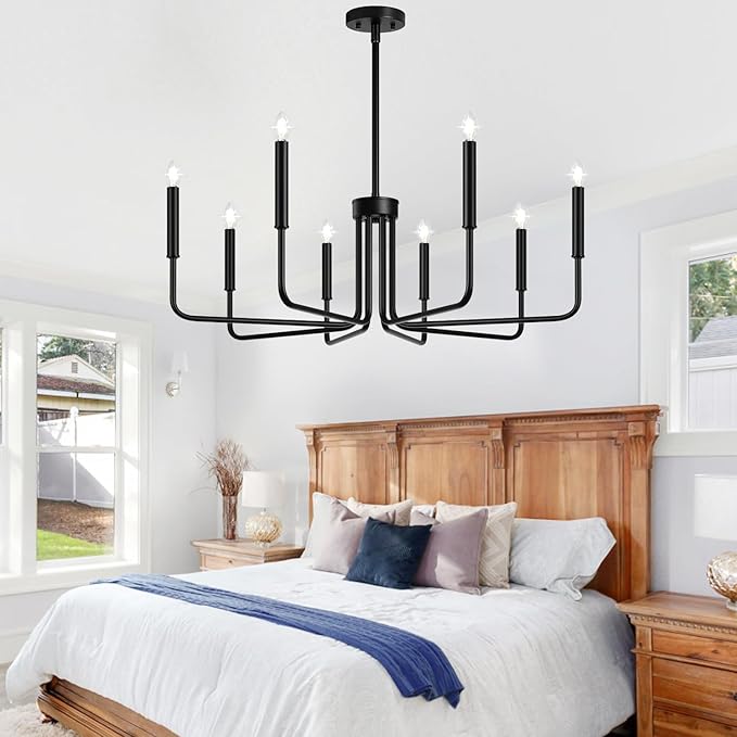 Lynnoland Black 8-Light Chandelier, Farmhouse Chandelier for Dining Room Lighting Fixtures Hanging, Vintage Candle Pendant Light Fixtures Chandelier for Bedroom, Foyer and Living Room