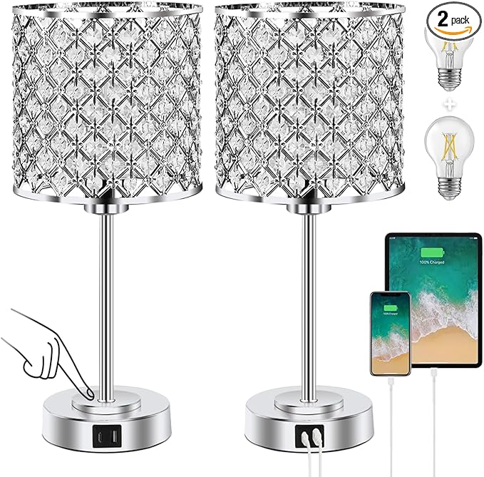 Crystal Table Bedside Lamp Touch Control, Dimmable Small Nightstand Lamp Set of 2 with USB-C+A Charging Ports, Decorative Silver Tabletop Lamp for Bedroom Living Room Guest Room, Bulbs Included