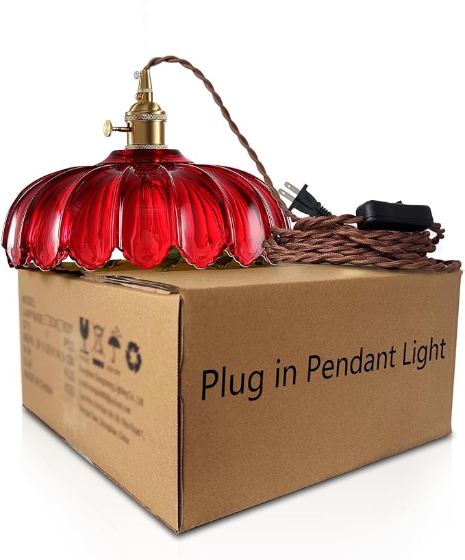 XZHGCEE Plug in Pendant Light: Hanging Light Plug in Red Glass Hanging Lamp, Pendant Lighting for Kitchen Island, Bedroom, Dining Room, Living Room, E26 No Bulb