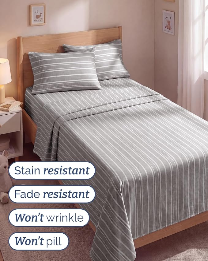 Twin 4 Piece Sheet Set - Comfy Breathable & Cooling - Soft Hotel Luxury Bedding Set with 8-16 Inch Deep Pockets - 1 Flat & 1 Fitted Sheet & 2 Pillowcases - Wrinkle Free & Easy Care - Grey Stripes 3