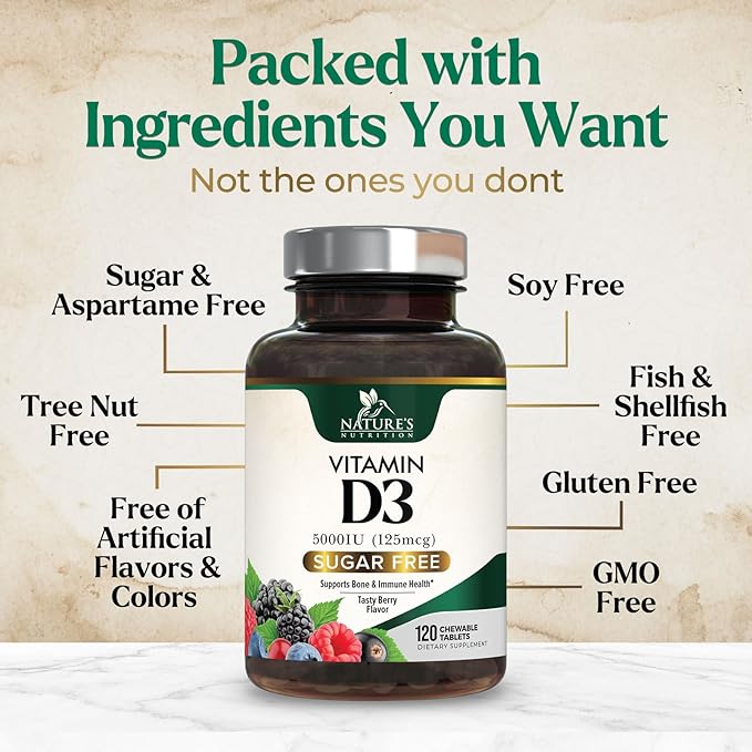 Vitamine D3 5000 UI (125 mcg) Vitamine D extra forte Nature's - Comprimés à croquer pour le soutien immunitaire, les os, les dents et les muscles - Sans sucre, sans OGM, sans gluten - 120 comprimés