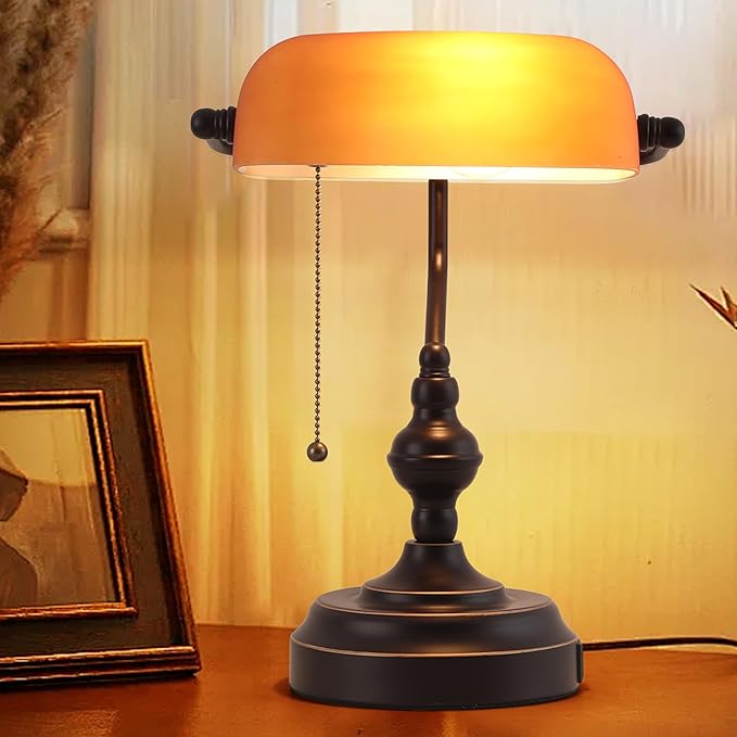 Bankers Desk Lamp with USB A and Type C Charging Port, Vintage Banker's Desk Lamp with Pull Chain Switch, Library Lamp for Office Study Room, Amber Glass Bronze Desk Lamps