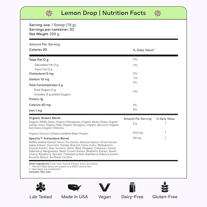 Kiala Nutrition Super Greens, Organic Greens Powder with Spirulina & Chlorella for Digestion, Gut Health, Immunity, Adaptogens, Energy, Gluten Free, Vegan, Sugar Free, Lemon Drop, 30 Servings