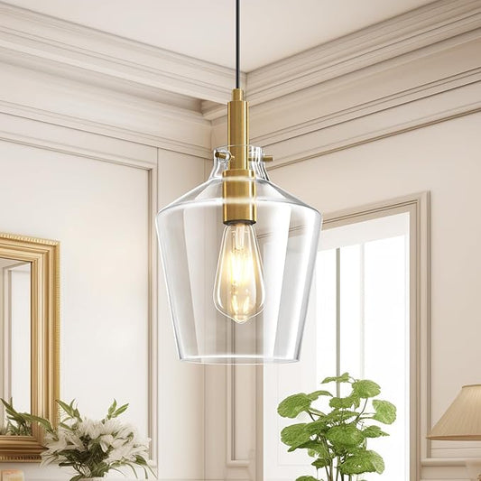 Modern Glass Pendant Lighting for Kitchen Island, Farmhouse Gold Pendant Light Fixtures 1 Pack, Adjustable Hanging Ceiling Light Angled Clear Glass Shades 8 Inch