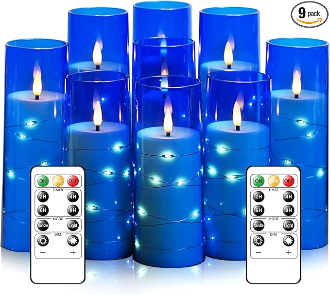 kakoya Flameless LED Candles with Timer 9 Pc Flickering Flameless Candles for Romantic Ambiance and Home Decoration Stable Acrylic Shell,with Embedded Star String，Battery Operated Candles（Blue）