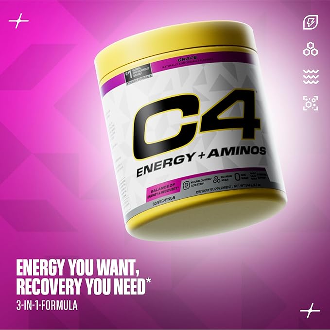 C4 Energy + Aminos Powder, 5g BCAAs & EAAs for Muscle Recovery, 3 Electrolytes for Hydration, 100mg Natural Caffeine, Pre Workout, Zero Sugar, 30 Servings, Grape