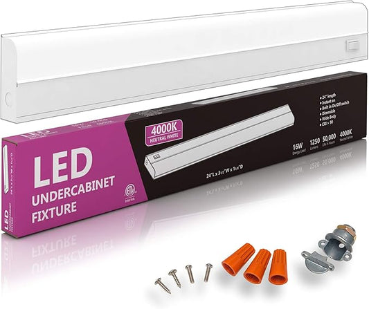 Hardwired LED Under Cabinet Task Lighting - 16 Watt, 24", Dimmable, CRI>90, 4000K (Cool White), Wide Body, Long Lasting Metal Base with Frost Lens