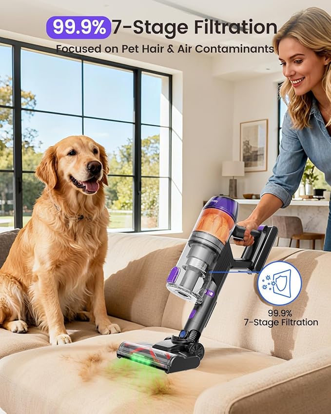 Cordless Vacuum Cleaner, 500W 40KPa 60Mins Vacuum Cleaners for Home, Powerful Stick Vacuum With Green Light, Anti-tangle Wireless Vacumm, Rechargeable Vacuum for Pet Hair/Carpet/Hardwood Floor, Purple