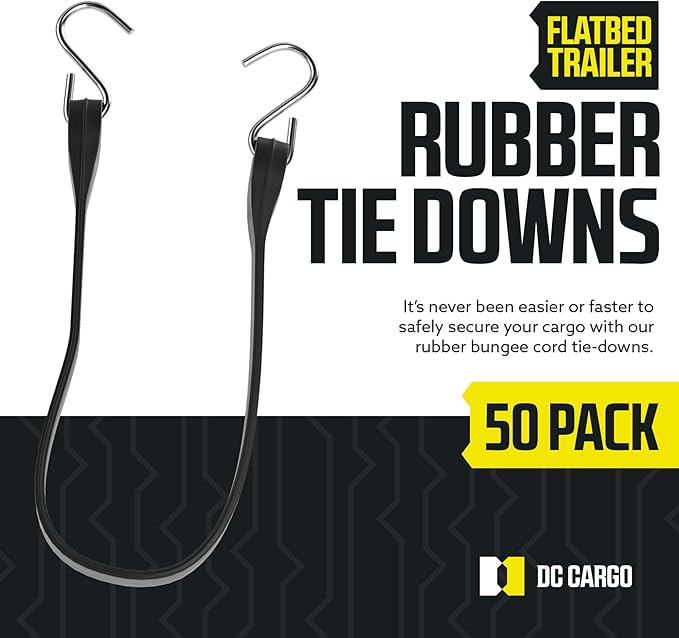 Pack of 50 Tarp Straps for Flatbed Trailers, 9" Long Natural Rubber Bungee Cord Tie-Downs Ideal for Securing Tarps, Canvases, Cargo in Cold Climates | Tie-Downs w/ Metal S-Hooks