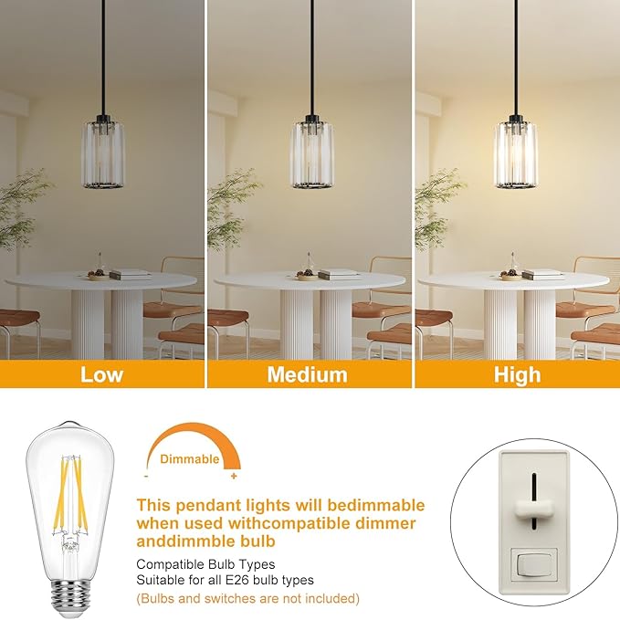 2 Pack Pendant Lights Kitchen Island, Modern Black Pendant Light Fixtures, Mini Chandelier Crystal Kitchen Island Lighting, Hanging Pendant Lights Fixture for Kitchen Island Dining Room Hallway Foyer